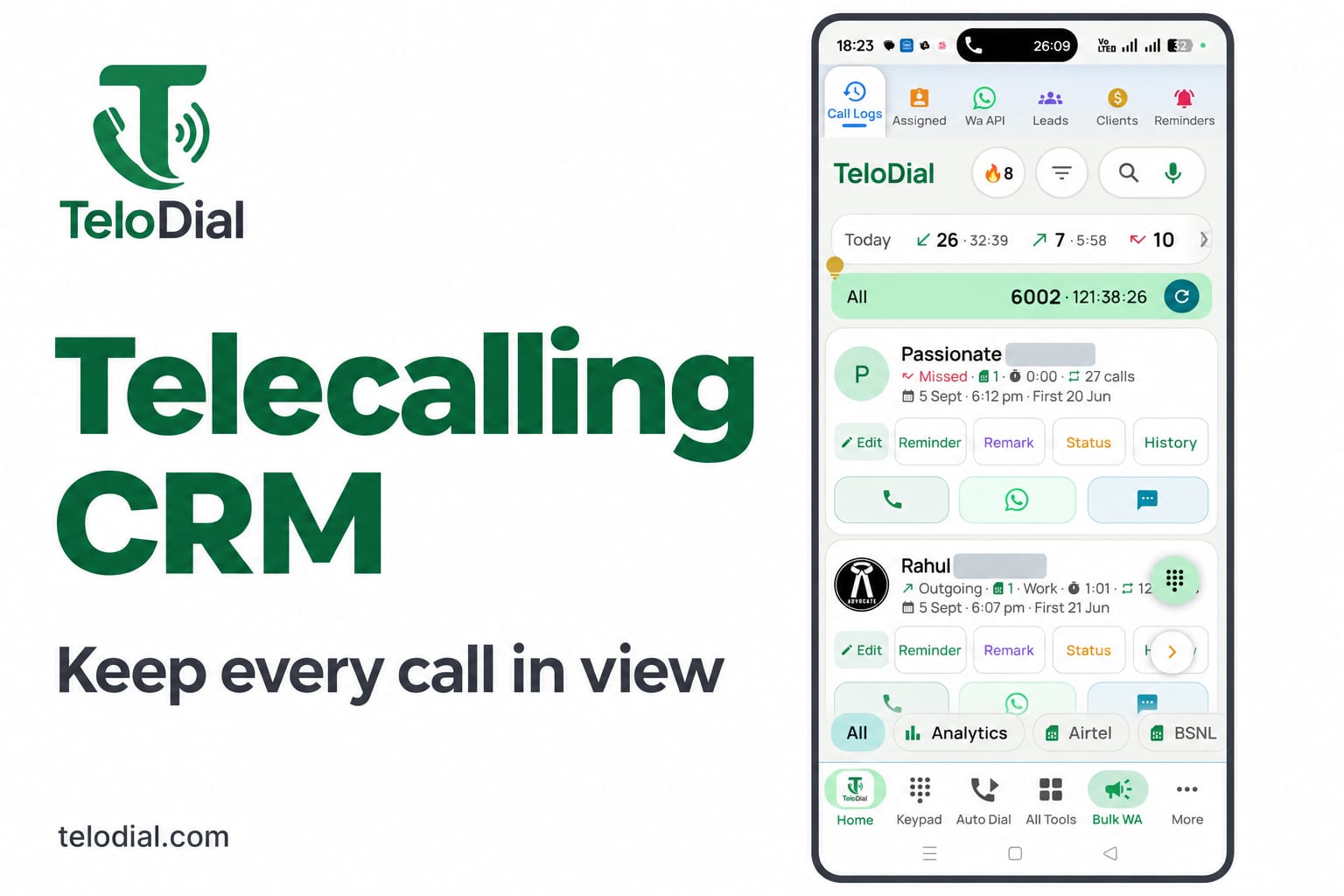 Telodial banner with the headline "Telecalling CRM: keep every call in view" beside a Telodial call log home screen. Contact names and numbers are partly masked.